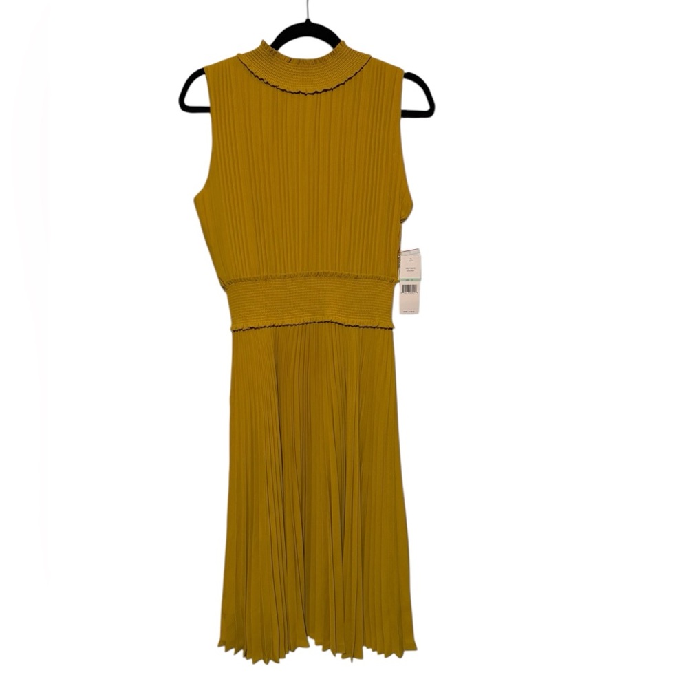 Nanette Lepore NWT Mustard Yellow Pleated‎ Smocked Fit Flare Midi Dress Size 8